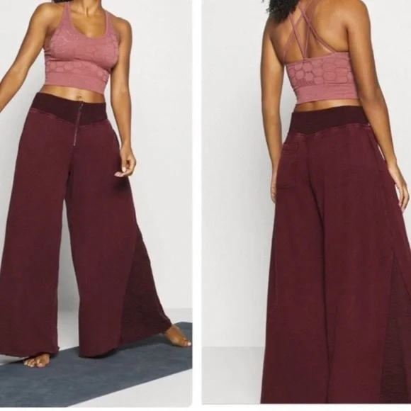 NWT Free People Movement Solid Borderline Wide Leg Pants maroon small - Picture 1 of 16